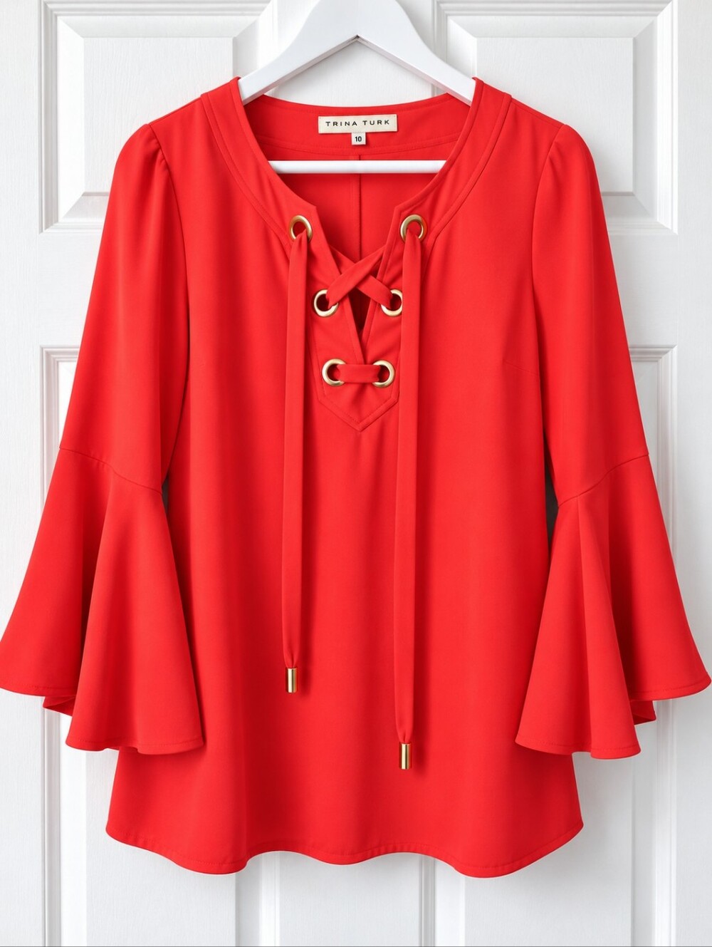 Trina Turk Coral Red Lace Up Gold Grommet Bell Sleeve Blouse Size 10